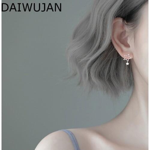 DAIWUJAN Fashion Hollow Star Stud Earrings For Women Girls Literary Stars Pendant Silver Earrings Party Wedding Accessories