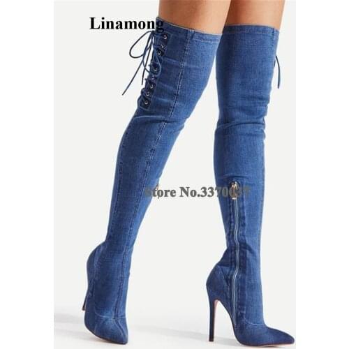 Newest Sexy Women Pointed Toe Over Knee Stiletto Heel Denim Gladiator Boots Side Lace-up Slim Style Long HIgh Heel Boots Heels
