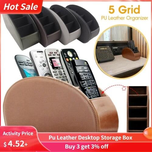 New Arrival 5 Grid Pu Leather Desktop Organizer Pen Remote Control Phone And Tv Holder Desk Storage Box Office Home Stationery