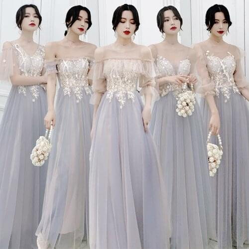 Bridesmaids Dress Illusion Strapless Sleeveless Embroidery Floor-Length Lace Tulle Off The Shoulder Lady Wedding Party Gown E197