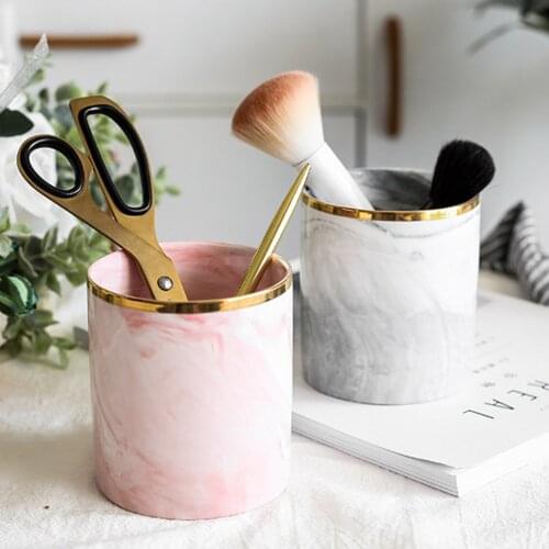 Nordic Ins Marble Pattern Pen Holder Cosmetic Brush Storage Box Makeup Brush Holder Ceramic Jar Home Table Decoration Container