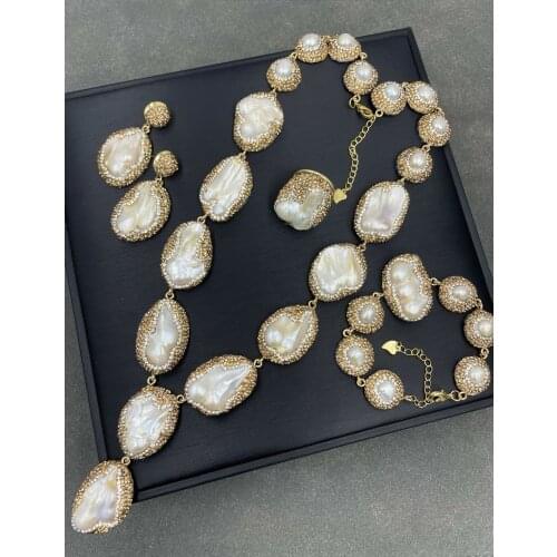 ONE SET Freshwater Pearl reborn keshi BAROQUE +Inlaid ZIRCON pendant Necklace/EARRINGS/BRACELET wholesale for women xmas gift