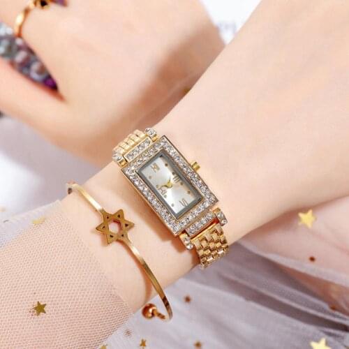 Luxury Women Geometric Square Rhinestone Shiny Steel Strap Quartz Wrist Watch