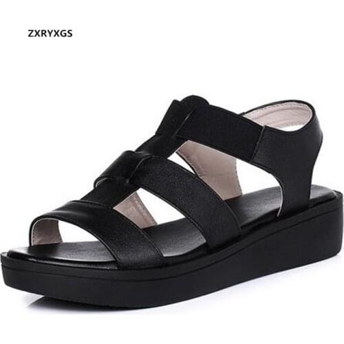 Promotion 2021 Summer Roman Style Genuine Leather Sandals Open Shoes Flat Thick Sole Heighten Sandals Women Big Size Sandals