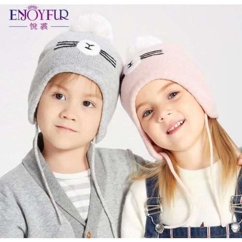 ENJOYFUR Winter Baby Hat For Children Boys Girls Caps With Fox Fur Pom Pom Cotton Lining Kids Hat Ear Beanies For 2-8 Ages