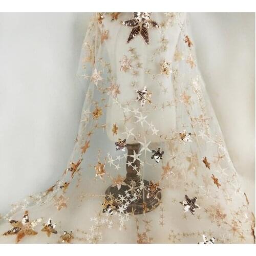Beautiful gold Sequin Star Embroidery lace Fabric for wedding Party evening dress French Tulle lace 1yard