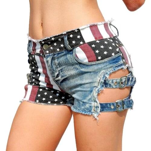 New 2019 Sexy Womens High Waist Hole Jeans Shorts American Flag Printed Daisy Duke Ripped Denim Shorts
