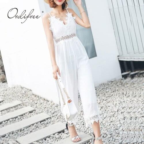 Ordifree 2021 Summer Women Sexy Jumpsuits Rompers Wide Leg Pants White Lace Crochet Sexy Backless Strap Beach Jumpsuits