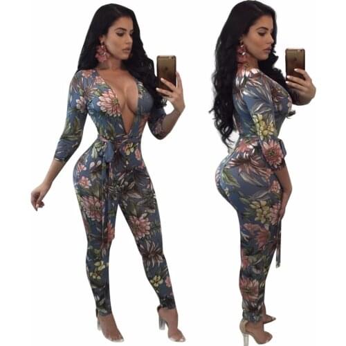 2019 Autumn Women Bow Sexy jumpsuit Body Flower Pattern V-neck bodysuit Plus size clothes Zipper Print Playsuits