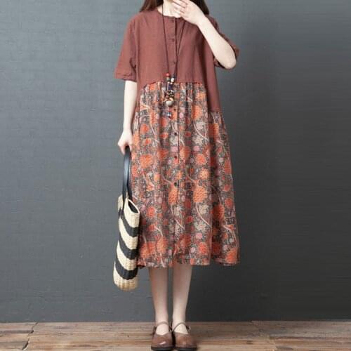 100% Cotton Women Loose Casual Dress New Arrival 2021 Summer Vintage Style O-neck Patchwork Print Female Long Dresses S3301