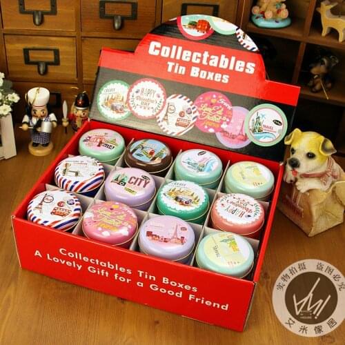 36pcs/box Cityview Design Tin Storage Box Round Jewelry Case Portable Sundrie Collect Box Iron Pill Box Mini Gift Case