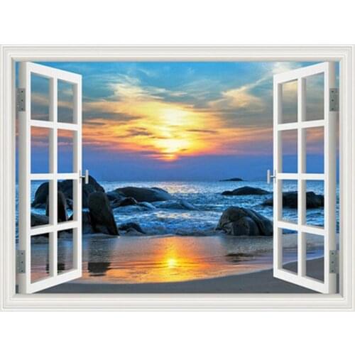 DIY 5D Paint with Diamonds Paintings Mosaic Window Seaside Sunset Blue Ocean Landscape Rhinestones Diamond Embroidery Home Decor