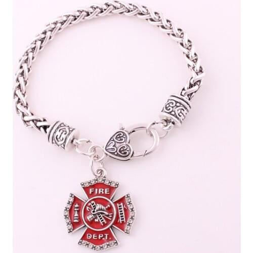 Red Enamel Crystal Paved Firefighter Fire Dept Charm Lobster Clasp Bracelet