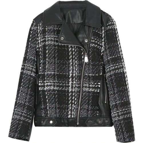 PERHAPS U Women Black White Faux Leather Jacket Coat Outwear Notch Collar High Street Tweed Plaid Patchwork C0242