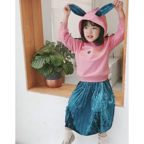 Baby Girl Fashion Cute Spring Fall Clothing Set Big Ears Hoodies+Velvet Pleated Skirts,Kids Girls 2pcs Clothes Sets Suit