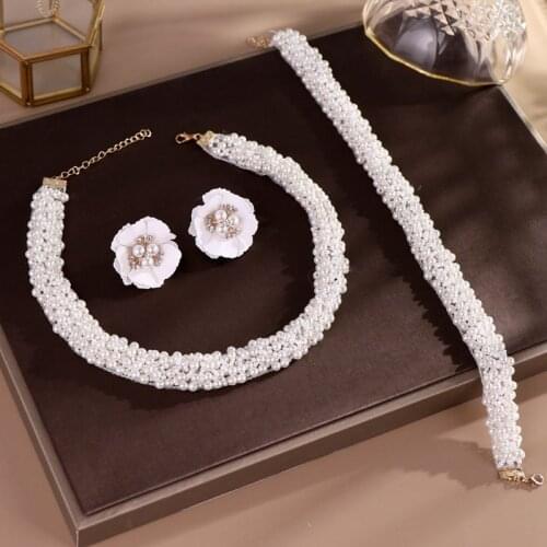 Handmade Beaded Jewelry Set Bride Headdress Euramerican Pearl Necklace Hairband Flower Earrings Original Design Charms TL056