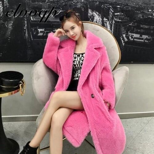 Pink Long Teddy Bear Jacket Coat Women Winter Thick Warm Oversized Chunky Outerwear Overcoat Women Lambswool Faux Fur Coats