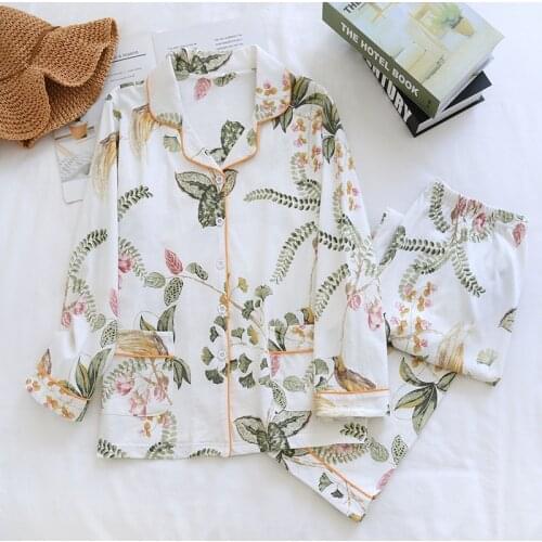229 Spring Autumn 100% Cotton Flower Bird Print Pajamas Set Sleepwear Women Nightwear Long Sleeve Pant Pajama Homewear Suit
