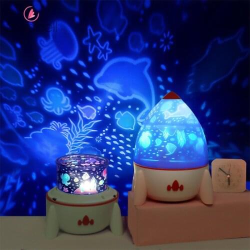 Rocket Shape Night Light Projector Starry Sky Star Ocean Animals Films Children Kids Baby Sleep Romantic Led USB Lamp Projection