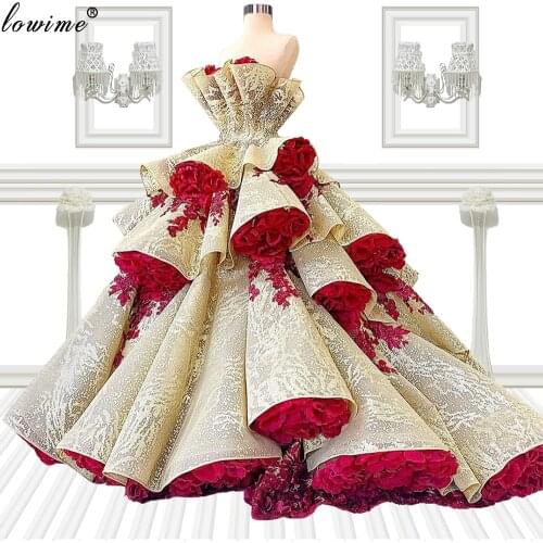 Luxury Flowers Evening Dresses Strapless Puffy Evening Gowns Princess Grand Prom Party Dresses Celebrity Dresses Robes De Soirée