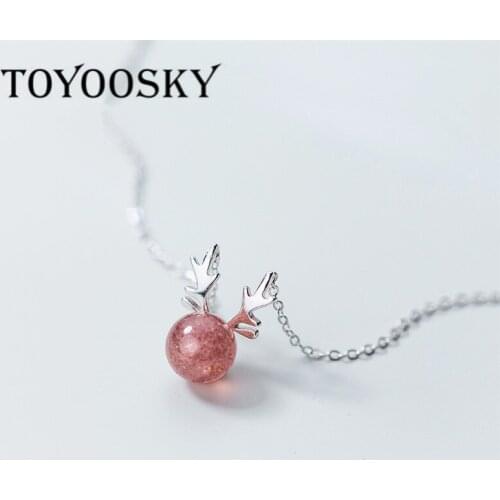 Christmas Jewelry Deer Antler Pendant Necklaces For Women Girl Strawberry Crystal Necklace Clavicle Chain 40cm 925 Sterling Silv