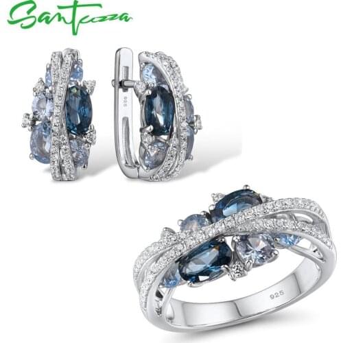 SANTUZZA Genuine 925 Silver Jewelry Set For Women Sparkling Blue Spinel Earrings Ring Set Delicate Luxury серьги Fine Jewelry