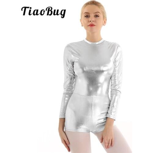 TiaoBug Shiny Metallic Long Sleeve Hollow Dancewear Gymnastics Leotard Women Adult Figure Skating Ballet Dance Costume Biketard