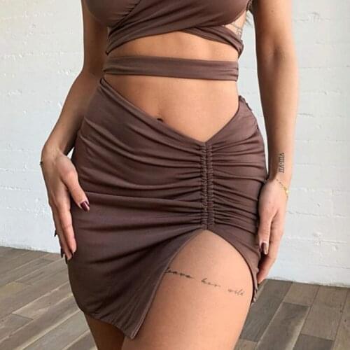 2021 Women Shirring Close-fitting Sexy Skirt Solid Color Low Elastic Waist Slit Dress, White/ Brown/ Black