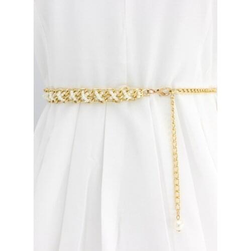Womens White Color Pearl Beads Metal Thin Waist Belts Luxury Brand Harajuku Slim Chain Belt Dress Accessories Cinturon Mujer