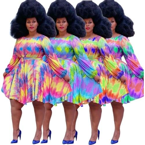 Plus Size Dress Women Clothing Wholesale Fashion Round Neck Long Sleeves Tie Dye with Belt Casual Loose Midi Dress Dropshipping