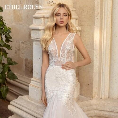 ETHEL ROLYN Mermaid Wedding Dress 2021 Classy V-Neck Beaded Lace Appliques Backless Bride Sequined Sleeveless Bridal Gown