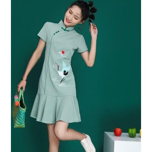 Green Oriental Dress Short Cheongsam Chinese Traditional Dress Robe Vintage Femme Modern Dress Girls Chinese Dress Qipao 11835