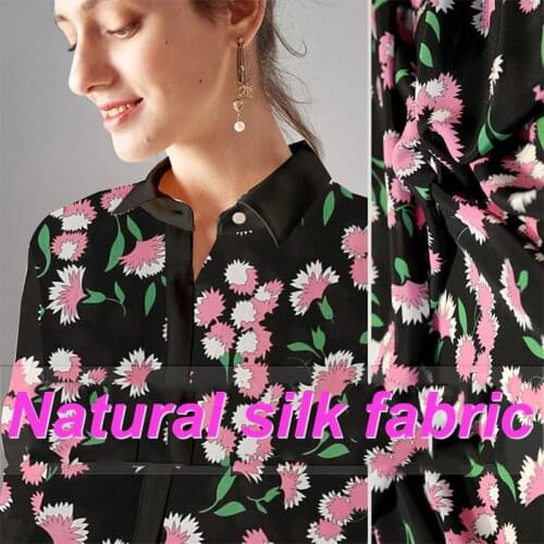 1 Meter Black Floral Silk Fabric Recommended Summer Dress Shirt Anti-wrinkle Mulberry