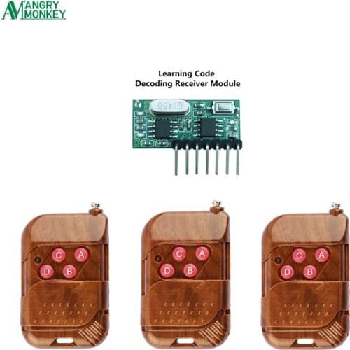 3pcs 433Mhz Remote Control and 1pcs 433 Mhz Wireless Receiver Learning Code 1527 Decoding Module 4Ch output With Learning Button