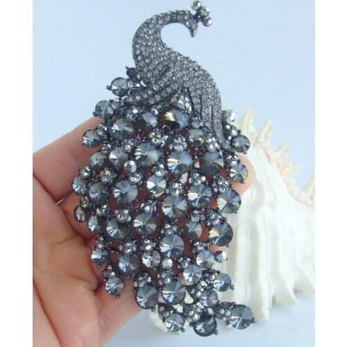 Art Style Vintage 4.33" Black Gray Rhinestone Crystal Peacock Brooch Pin Pendant EE05651C2
