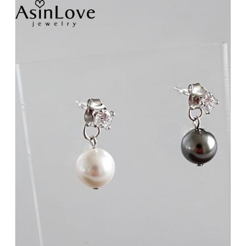 AsinLove S925 Sterling Silver Zircon Mother of Pearl Tiny Earrings White Grey Two Color Elegant Drop Earrings for Women Jewelry