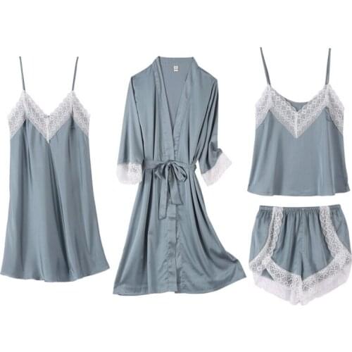 4PCS Satin Sleepwear Lady Pajamas Suit Nighty&Robe Suit Sexy Lingerie Lace Casual Bridal Wedding Gift Homewear Nightgown