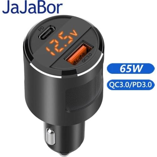 JaJaBor USB Car Charger Quick Charge QC3.0 PD 65W Type C Fast Charge Car USB Charger with LED Display For Mobile Phone