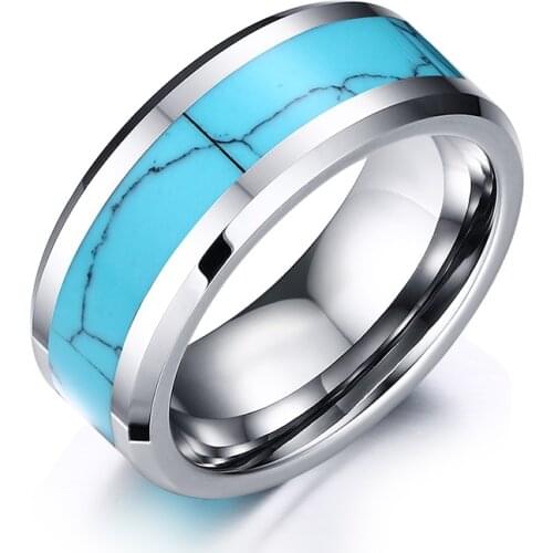 Free Custom Laser Engraving 8mm Mens Silver Tungsten Carbide with Turquoises Inlay Wedding Rings