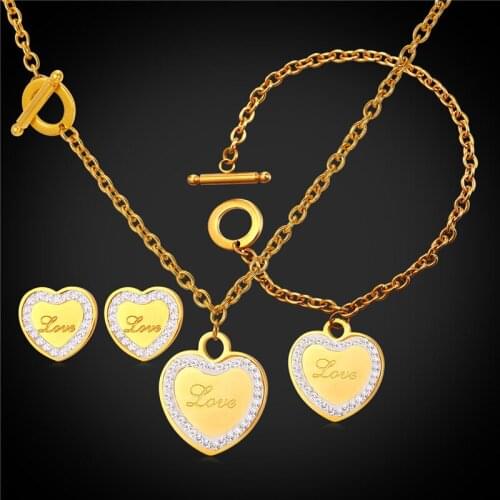 Love Jewelry Heart Necklace Bracelet And Earrings Set For Women Gold Color Stainless Steel Israel Necklace GNEH2242