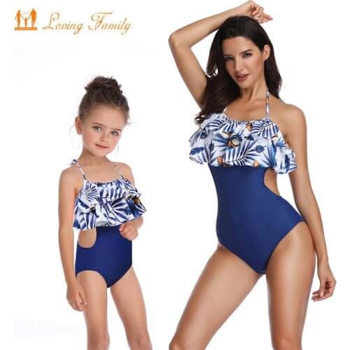 Family Look Women Mom Girl Swimsuit Blue Beachwear For Mommy And Me Clothes One Piece Matching Outfits Mother Daughter Bikini