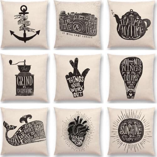 Black And White Decorative Letters Interesting Pattern Anchor Camera Teapot Grinder Whale Fox Cushion Cover Sofa Pillow Case