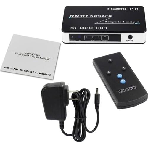 HDMI 2.0 4K 60HZ HDR 3x1 HDMI Switch Switcher Box 3 in 1 out Video Converter for PS3 PS4 DVD Player Camera Notebook PC to HD TV