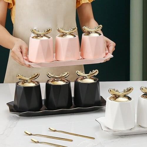 European-style Ceramic Seasoning Jar Household Kitchen Sugar Salt Monosodium Glutamate Seasoning Jar with Spoon Tray Storage Jar