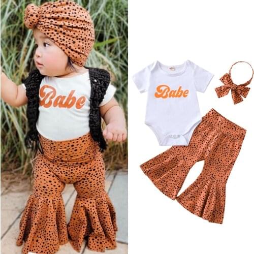 3pcs Summer Baby Girls Clothes Set Short Sleeve O-neck Letter Romper+Leopard Flared Long Pants+Bow-knot Headband