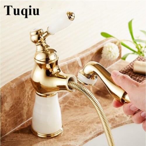 Fashion jade and brass construction gold/rose gold finished bathroom basin faucet,sink tap mixer with pull out shower head