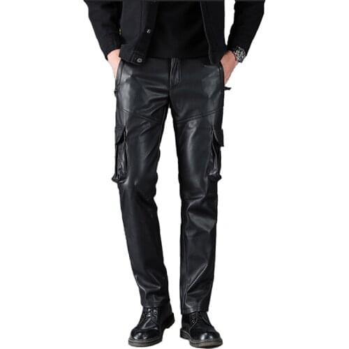 Mcikkny Winter Mens Warm Leather Pants Side Pockets Motorcycle Pu Leather Trousers For Male Fleece Lined Size 29-40