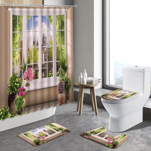 3D Waterproof Fabric Polyester Patio Flowers Shower Curtains Set Landscape Floral Style Bath Decor Toilet Cover Mat Non Slip Rug