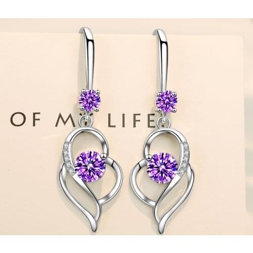 Charming Purple Crystal Heart Dangle Earrings Vintage Fashion Multicolor Round Zircon Drop Earrings For Women Wedding Jewelry