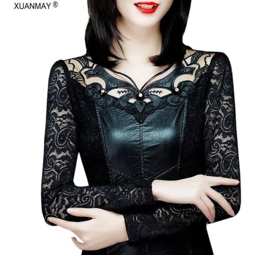 Autumn Womens Lace Chiffon Knit Top Korean PU Leather Stitching Lace Autumn Knit Top Large Size Womens Lined Chiffon Shirt